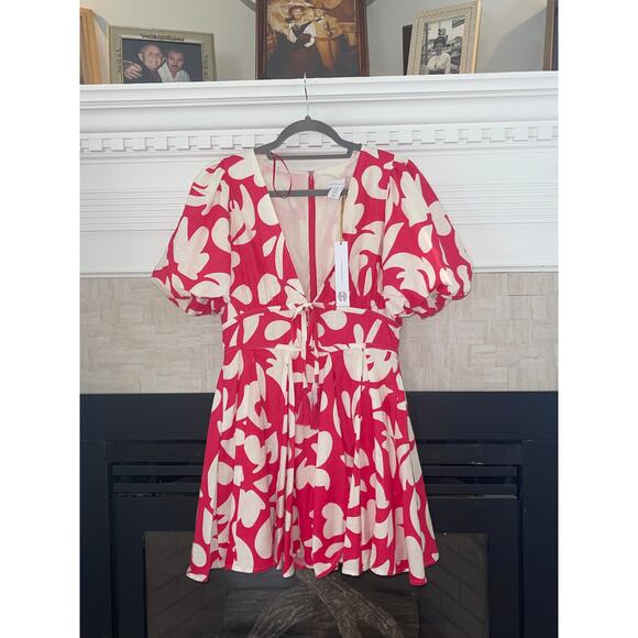 House of Harlow 1960 Plunge V Neck Puff Sleeve Linen Blend Twirl Dress sz 8 NWT - Picture 7 of 7